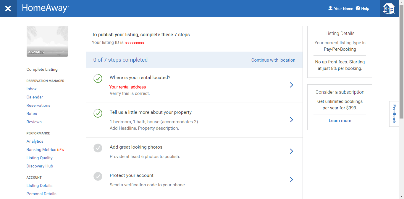 Step-by-step guide by Hosthub on how to create a listing on Vrbo: To publish your listing, you need to complete 7 steps.